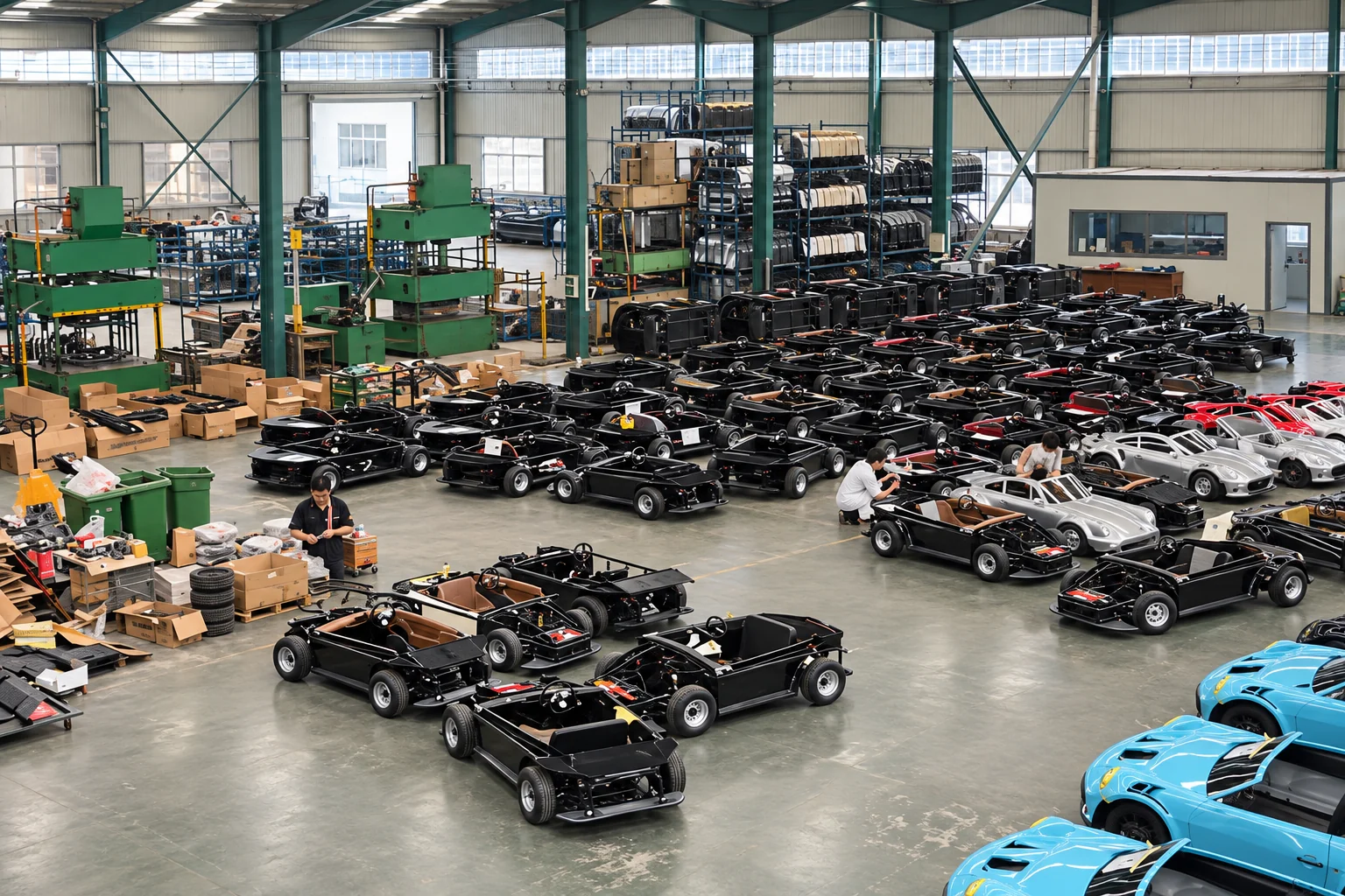 AI-enhanced view of vehicle assembly workshop based on supplied factory material