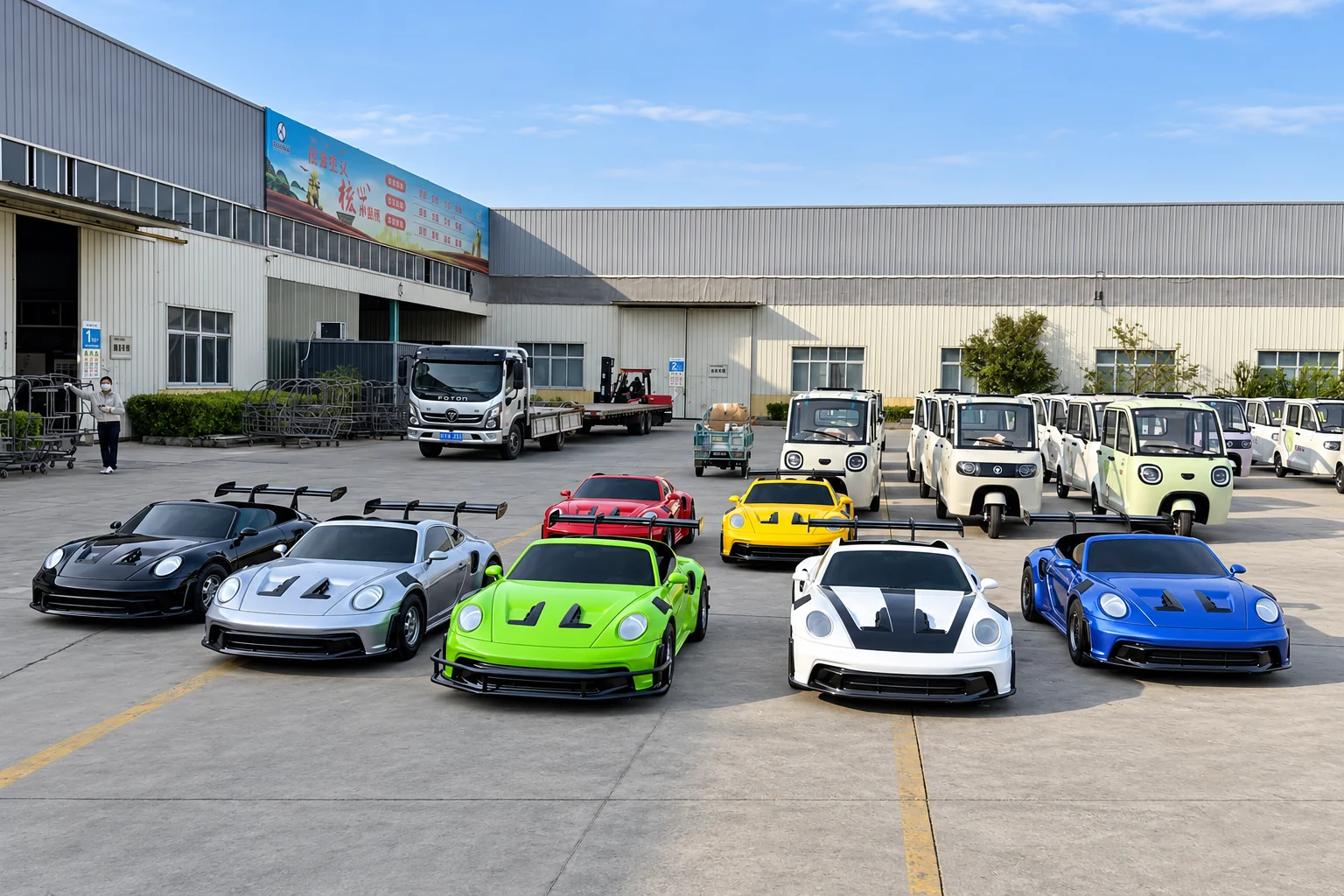 AI-enhanced view of factory courtyard and junior cars based on supplied factory material