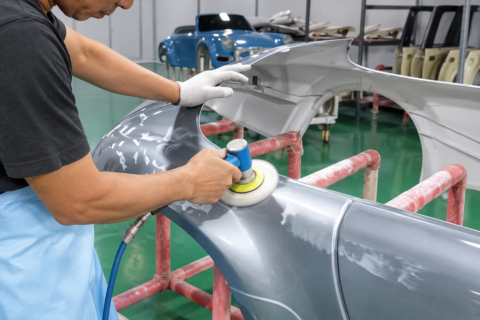 AI-enhanced view of body-shell surface finishing based on supplied factory material
