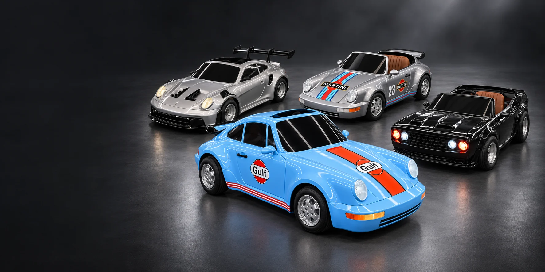AI presentation of four junior-car models together: blue 964, silver cabriolet, silver GT3-RS and black muscle-style car